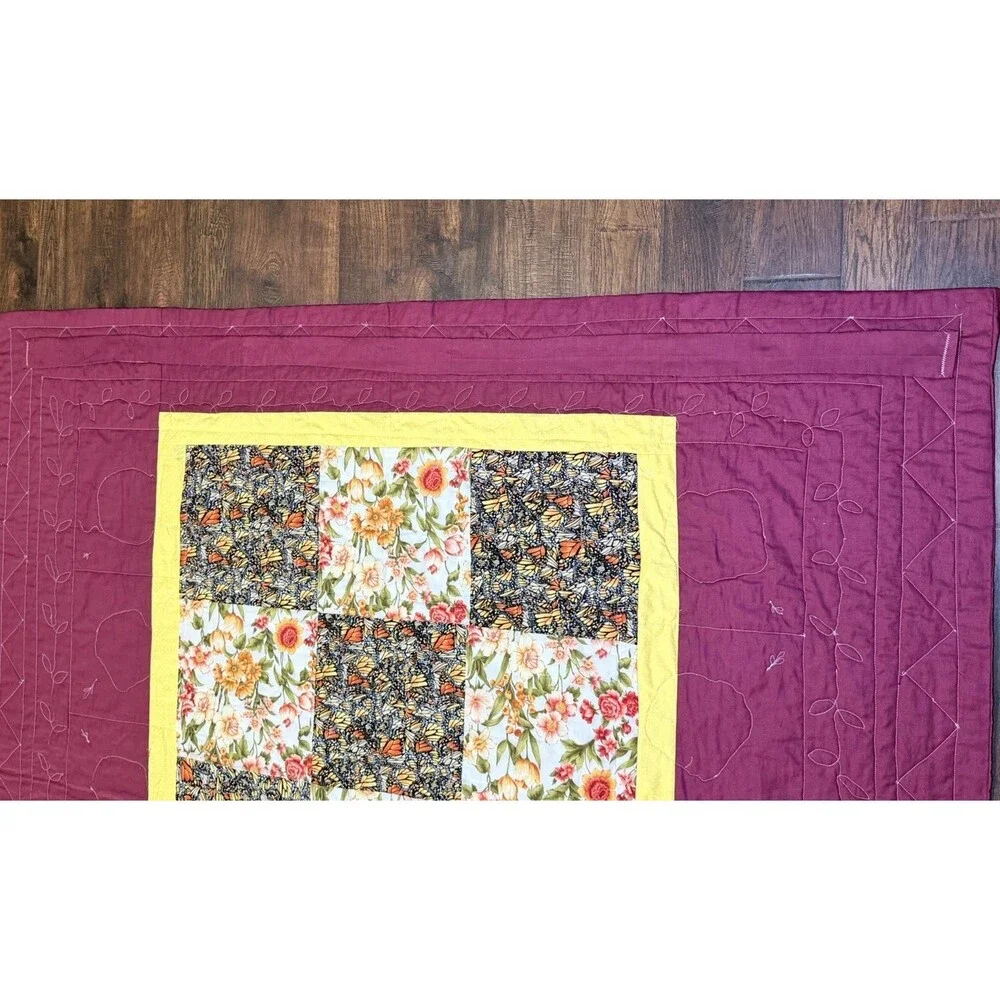 French Roses Quilt Blanket Handcrafted 59x59 Wall Hang Sleeve Raw Edge Applique